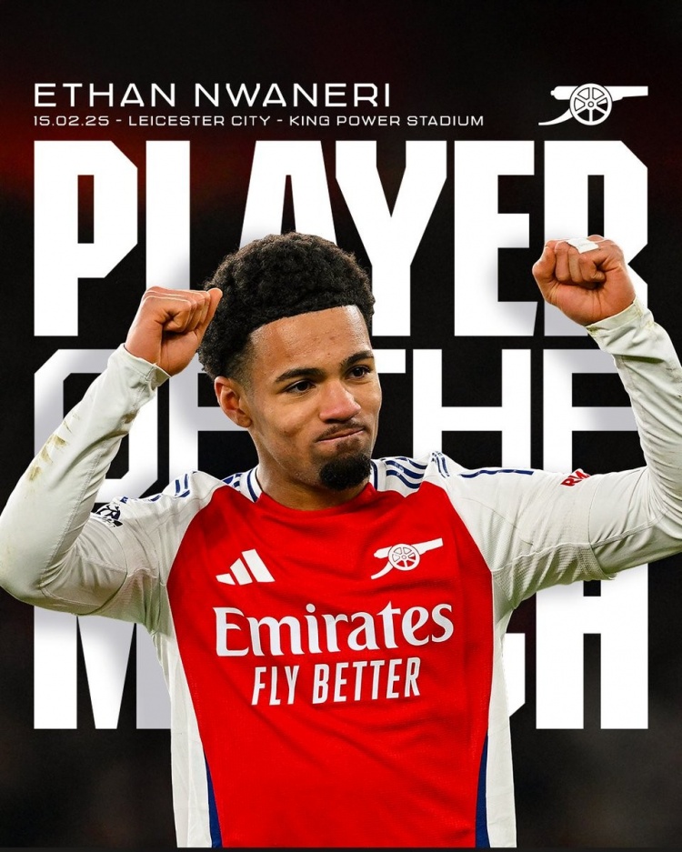  助攻破僵局！阿森納官方：小將恩瓦內(nèi)里被球迷票選為本場隊(duì)內(nèi)最佳