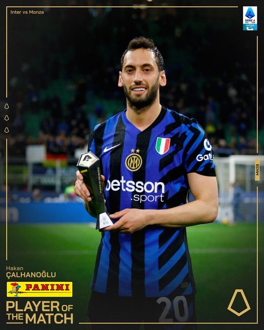  貼地斬扳平比分！官方：恰爾汗奧盧當選國米vs蒙扎全場最佳